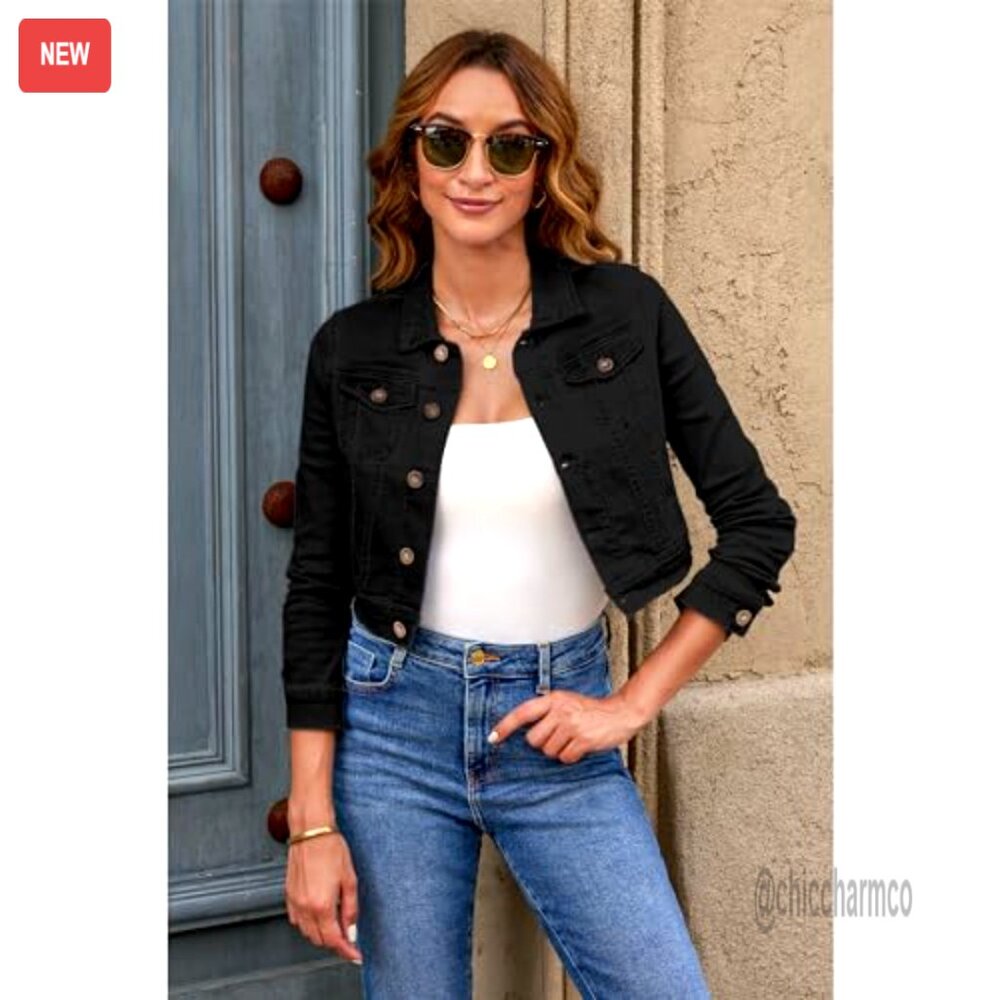 Cropped Denim Jacket Lightweight Stretchy Fitted … - image 4